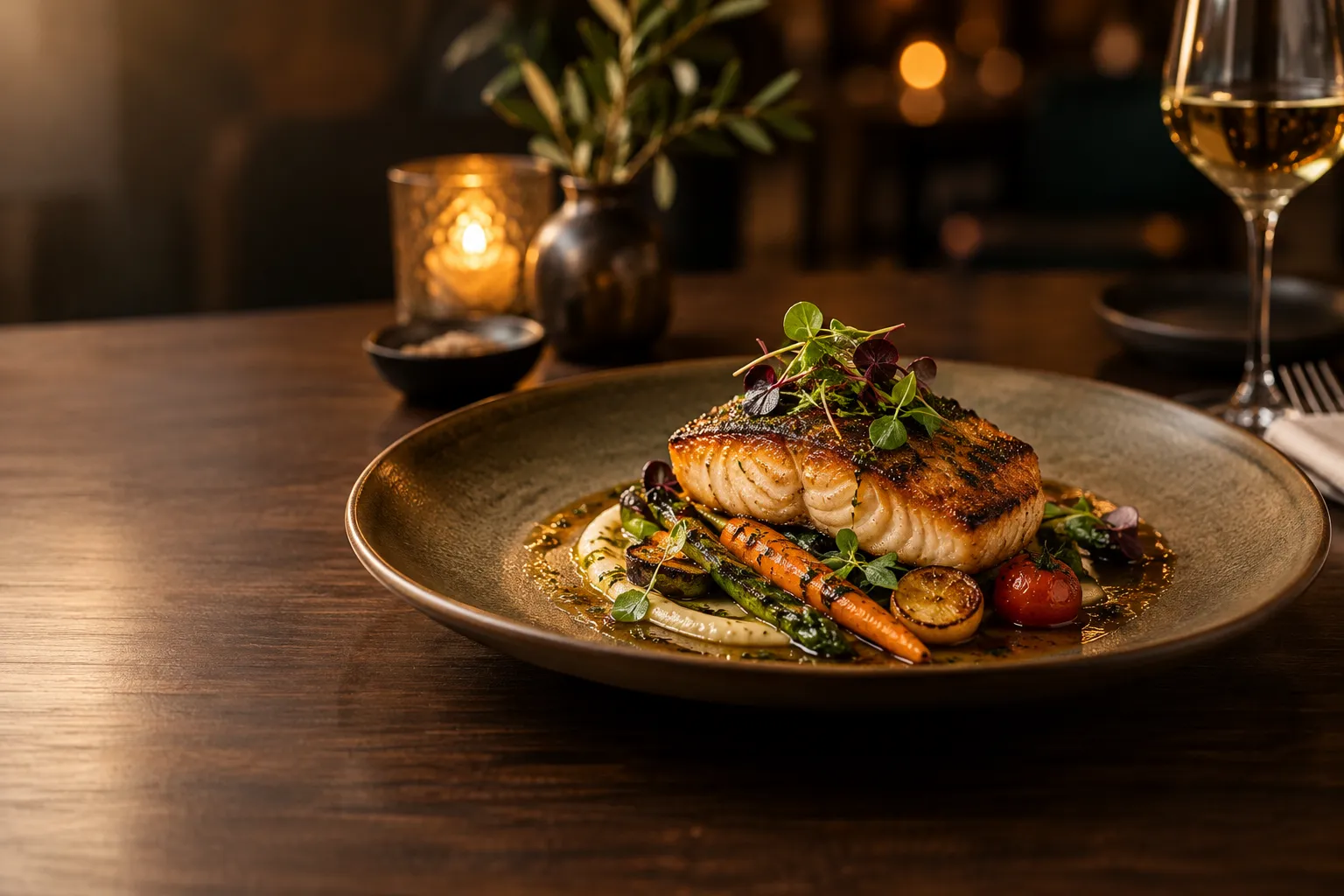 Elegant plated signature dish on dark wood table, warm ambient lighting